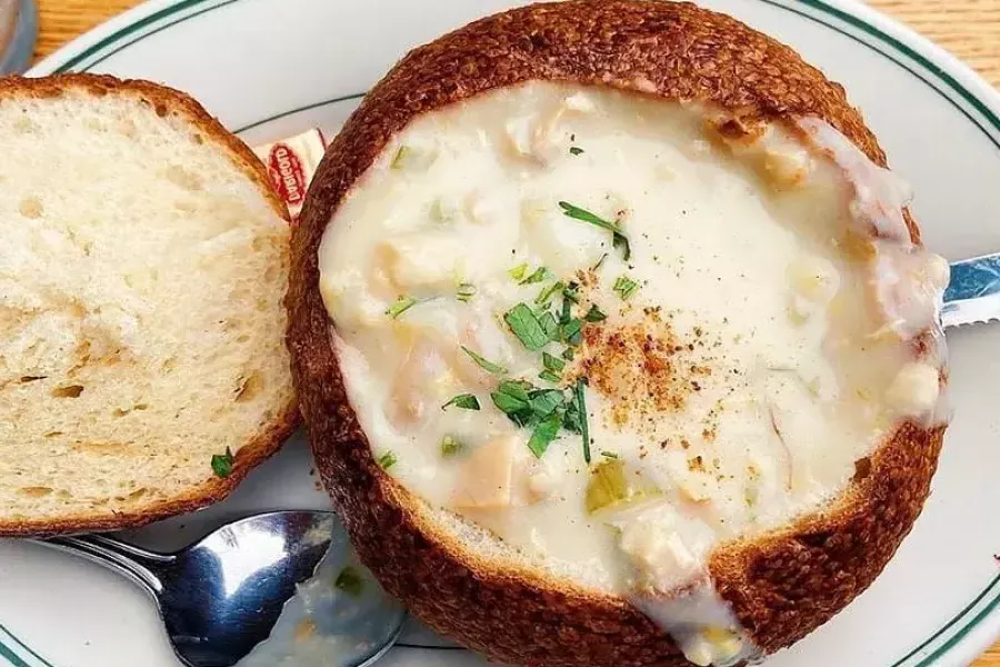 Clam chowder served in a sourdough bread bowl